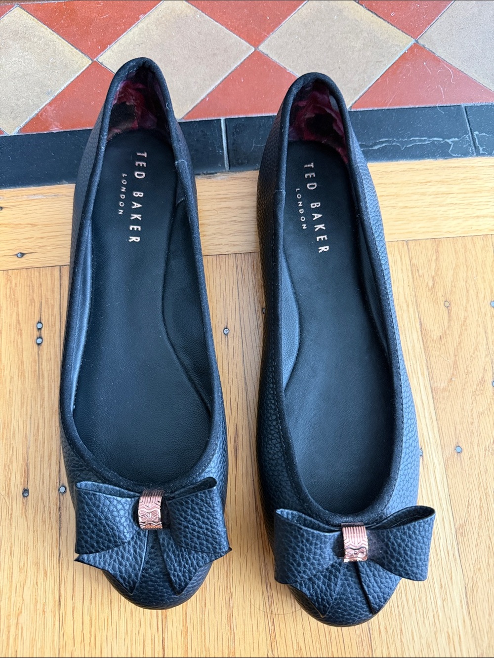 Ted Baker Black Leather Bow Ballet Flats with Rose Gold Accent